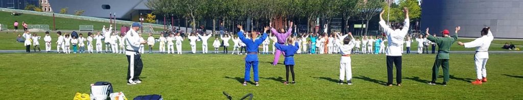 foto van judotraining op het gras van het Museumplein in Amsterdam
